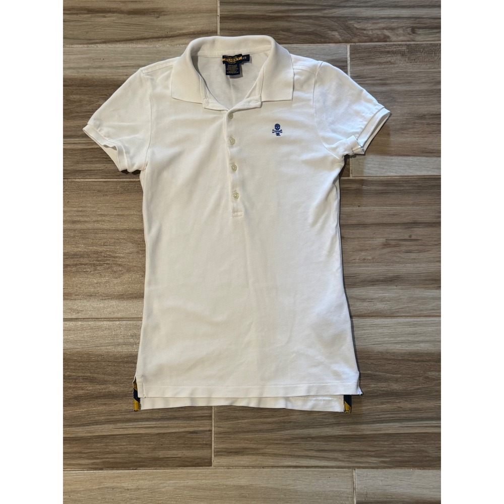 Ralph Lauren Rugby Womens XS White Polo Shirt Skull Crossbones Cotton Pique